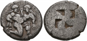 ISLANDS OFF THRACE, Thasos. Circa 480-463 BC. Stater (Silver, 19 mm, 4.99 g). Nude ithyphallic satyr, with long beard and long hair, moving right in '...