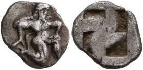 ISLANDS OFF THRACE, Thasos. Circa 500-480 BC. Diobol (Silver, 11 mm, 1.11 g). Satyr running right in kneeling stance. Rev. Quadripartite incuse square...
