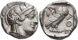 ATTICA. Athens. Circa 430s BC. Tetradrachm (Silver, 25 mm, 17.20 g, 1 h). Head of Athena to right, wearing crested Attic helmet decorated with three o...