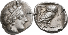 ATTICA. Athens. Circa 430s BC. Tetradrachm (Silver, 25 mm, 17.19 g, 7 h). Head of Athena to right, wearing crested Attic helmet decorated with three o...