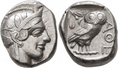 ATTICA. Athens. Circa 430s BC. Tetradrachm (Silver, 25 mm, 17.22 g, 1 h). Head of Athena to right, wearing crested Attic helmet decorated with three o...