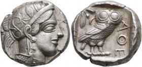 ATTICA. Athens. Circa 430s BC. Tetradrachm (Silver, 24 mm, 17.26 g, 6 h). Head of Athena to right, wearing crested Attic helmet decorated with three o...