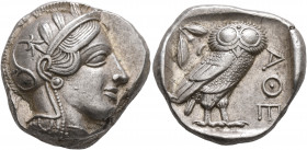 ATTICA. Athens. Circa 430s BC. Tetradrachm (Silver, 24 mm, 17.21 g, 7 h). Head of Athena to right, wearing crested Attic helmet decorated with three o...