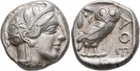 ATTICA. Athens. Circa 430s BC. Tetradrachm (Silver, 24 mm, 17.18 g, 4 h). Head of Athena to right, wearing crested Attic helmet decorated with three o...