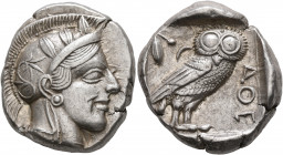 ATTICA. Athens. Circa 430s BC. Tetradrachm (Silver, 25 mm, 17.27 g, 7 h). Head of Athena to right, wearing crested Attic helmet decorated with three o...