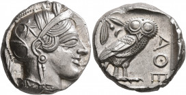 ATTICA. Athens. Circa 430s-420s BC. Tetradrachm (Silver, 25 mm, 17.28 g, 7 h). Head of Athena to right, wearing crested Attic helmet decorated with th...