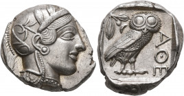 ATTICA. Athens. Circa 430s-420s BC. Tetradrachm (Silver, 26 mm, 17.23 g, 1 h). Head of Athena to right, wearing crested Attic helmet decorated with th...