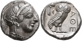 ATTICA. Athens. Circa 430s-420s BC. Tetradrachm (Silver, 24 mm, 17.54 g, 4 h). Head of Athena to right, wearing crested Attic helmet decorated with th...