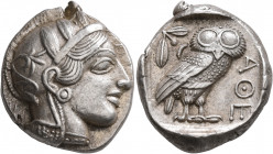 ATTICA. Athens. Circa 430s-420s BC. Tetradrachm (Silver, 25 mm, 17.27 g, 1 h). Head of Athena to right, wearing crested Attic helmet decorated with th...