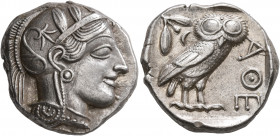ATTICA. Athens. Circa 430s-420s BC. Tetradrachm (Silver, 24 mm, 17.27 g, 4 h). Head of Athena to right, wearing crested Attic helmet decorated with th...
