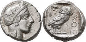 ATTICA. Athens. Circa 430s-420s BC. Tetradrachm (Silver, 25 mm, 17.23 g, 4 h). Head of Athena to right, wearing crested Attic helmet decorated with th...