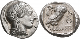 ATTICA. Athens. Circa 430s-420s BC. Tetradrachm (Silver, 26 mm, 17.27 g, 4 h). Head of Athena to right, wearing crested Attic helmet decorated with th...