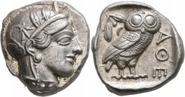 ATTICA. Athens. Circa 430s-420s BC. Tetradrachm (Silver, 24 mm, 17.26 g, 7 h). Head of Athena to right, wearing crested Attic helmet decorated with th...