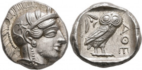 ATTICA. Athens. Circa 430s-420s BC. Tetradrachm (Silver, 25 mm, 17.21 g, 4 h). Head of Athena to right, wearing crested Attic helmet decorated with th...