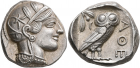 ATTICA. Athens. Circa 430s-420s BC. Tetradrachm (Silver, 24 mm, 17.25 g). Head of Athena to right, wearing crested Attic helmet decorated with three o...