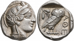 ATTICA. Athens. Circa 430s-420s BC. Tetradrachm (Silver, 25 mm, 17.25 g, 1 h). Head of Athena to right, wearing crested Attic helmet decorated with th...