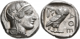 ATTICA. Athens. Circa 430s-420s BC. Tetradrachm (Silver, 25 mm, 17.25 g, 3 h). Head of Athena to right, wearing crested Attic helmet decorated with th...