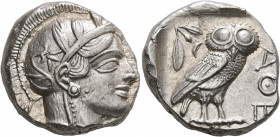 ATTICA. Athens. Circa 430s-420s BC. Tetradrachm (Silver, 25 mm, 17.29 g, 4 h). Head of Athena to right, wearing crested Attic helmet decorated with th...