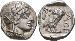 ATTICA. Athens. Circa 430s-420s BC. Tetradrachm (Silver, 27 mm, 17.25 g, 6 h). Head of Athena to right, wearing crested Attic helmet decorated with th...