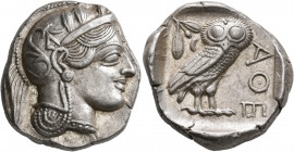 ATTICA. Athens. Circa 430s-420s BC. Tetradrachm (Silver, 26 mm, 17.25 g, 2 h). Head of Athena to right, wearing crested Attic helmet decorated with th...