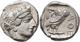 ATTICA. Athens. Circa 430s-420s BC. Tetradrachm (Silver, 25 mm, 17.25 g, 7 h). Head of Athena to right, wearing crested Attic helmet decorated with th...