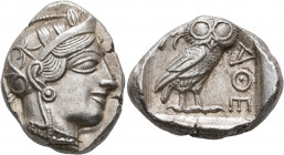 ATTICA. Athens. Circa 420s-404 BC. Tetradrachm (Silver, 27 mm, 17.28 g, 4 h). Head of Athena to right, wearing crested Attic helmet decorated with thr...