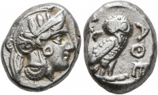 ATTICA. Athens. Circa 393-355 BC. Drachm (Silver, 15 mm, 4.19 g, 5 h). Head of Athena to right, wrearing crested Attic helmet decorated with three oli...