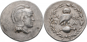 ATTICA. Athens. Circa 165-42 BC. Tetradrachm (Silver, 35 mm, 17.14 g, 1 h), 165/4. Head of Athena Parthenos to right, wearing triple-crested Attic hel...