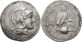 ATTICA. Athens. Circa 165-42 BC. Tetradrachm (Silver, 34 mm, 16.94 g, 1 h), 160/59. Head of Athena Parthenos to right, wearing triple-crested Attic he...