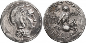 ATTICA. Athens. Circa 165-42 BC. Tetradrachm (Silver, 31 mm, 16.86 g, 1 h), 159/8. Head of Athena Parthenos to right, wearing triple-crested Attic hel...