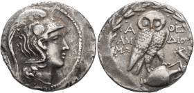 ATTICA. Athens. Circa 165-42 BC. Tetradrachm (Silver, 31 mm, 16.46 g, 12 h), Ammo... and Dio..., magistrates, 150/49. Head of Athena Parthenos to righ...