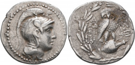 ATTICA. Athens. Circa 165-42 BC. Tetradrachm (Silver, 33 mm, 16.94 g, 12 h), Adei... and Helio..., magistrates, 147/6. Head of Athena Parthenos to rig...
