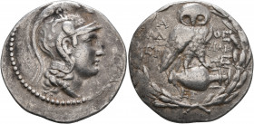 ATTICA. Athens. Circa 165-42 BC. Tetradrachm (Silver, 34 mm, 16.83 g, 12 h), Adei... and Helio..., magistrates, 147/6. Head of Athena Parthenos to rig...