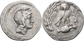 ATTICA. Athens. Circa 165-42 BC. Tetradrachm (Silver, 33 mm, 16.59 g, 12 h), Chari... and Hera..., magistrates, 146/5. Head of Athena Parthenos to rig...