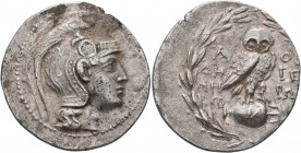 ATTICA. Athens. Circa 165-42 BC. Tetradrachm (Silver, 34 mm, 16.73 g, 1 h), Deme... and Hiero..., magistrates, 143/2. Head of Athena Parthenos to righ...