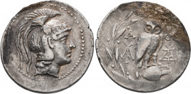 ATTICA. Athens. Circa 165-42 BC. Tetradrachm (Silver, 35 mm, 17.00 g, 1 h), 142/1. Head of Athena Parthenos to right, wearing triple-crested Attic hel...