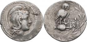 ATTICA. Athens. Circa 165-42 BC. Tetradrachm (Silver, 35 mm, 16.83 g, 1 h), 142/1. Head of Athena Parthenos to right, wearing triple-crested Attic hel...