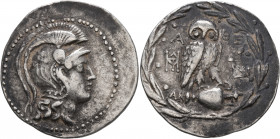 ATTICA. Athens. Circa 165-42 BC. Tetradrachm (Silver, 36 mm, 16.70 g, 12 h), 141/0. Head of Athena Parthenos to right, wearing triple-crested Attic he...