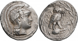 ATTICA. Athens. Circa 165-42 BC. Tetradrachm (Silver, 33 mm, 16.77 g, 12 h), Miki... and Theophra..., magistrates, 137/6. Head of Athena Parthenos to ...