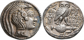ATTICA. Athens. Circa 165-42 BC. Tetradrachm (Silver, 29 mm, 16.85 g, 11 h), Dioge..., Posei... and Dorothe..., magistrates, 129/8. Head of Athena Par...