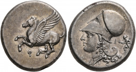 CORINTHIA. Corinth. Circa 375-300 BC. Stater (Silver, 21 mm, 8.76 g, 5 h). Ϙ Pegasos flying left. Rev. Head of Athena to left, wearing Corinthian helm...