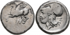 CORINTHIA. Corinth. Circa 300 BC. Stater (Silver, 20 mm, 8.54 g, 1 h). Pegasos flying left. Rev. Head of Athena to left, wearing Corinthian helmet; be...