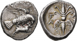 ELIS. Olympia. 134th-143rd Olympiad, circa 244-208 BC. Drachm (Silver, 18 mm, 4.89 g, 5 h). Eagle flying right, grasping the back of a running hare wi...