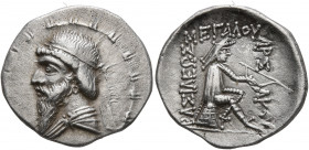 KINGS OF PARTHIA. Mithradates I, 165-132 BC. Drachm (Silver, 20 mm, 3.91 g, 12 h), Hekatompylos. Diademed and draped bust of Mithradates I to left. Re...