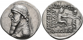 KINGS OF PARTHIA. Mithradates II, 121-91 BC. Drachm (Silver, 21 mm, 4.16 g, 12 h), Rhagai, circa 109-96/5. Diademed and draped bust of Mithradates II ...