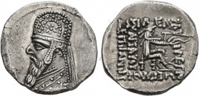 KINGS OF PARTHIA. Mithradates II, 121-91 BC. Drachm (Silver, 19 mm, 4.00 g, 12 h), Rhagai, circa 96/5-93/2. Diademed and draped bust of Mithradates II...