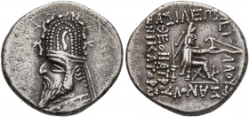 KINGS OF PARTHIA. Sinatrukes, 93/2-70/69 BC. Drachm (Silver, 19 mm, 4.09 g, 12 h), Rhagai. Diademed and draped bust of Sinatrukes to left, wearing tia...