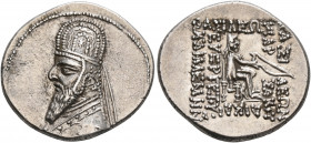 KINGS OF PARTHIA. Gotarzes I, 91-87 BC. Drachm (Silver, 21 mm, 4.25 g, 12 h), Rhagai. Diademed and draped bust of Gotarzes I to left, wearing tiara. R...