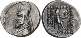 KINGS OF PARTHIA. Gotarzes I, 91-87 BC. Drachm (Silver, 19 mm, 4.19 g, 11 h), Ekbatana. Diademed and draped bust of Gotarzes I to left, wearing tiara....