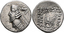 KINGS OF PARTHIA. Phraates IV, circa 38-2 BC. Drachm (Silver, 20 mm, 4.00 g, 12 h), Rhagai. Diademed and draped bust of Phraates IV to left; being cro...